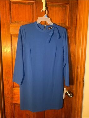 Nina Leonard Cobalt Blue Long-Sleeve Tie-Neck Shift Dress